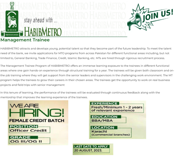 Join the HABIB METRO Female Credit Batch - Exciting Opportunity for Fresh Graduates!