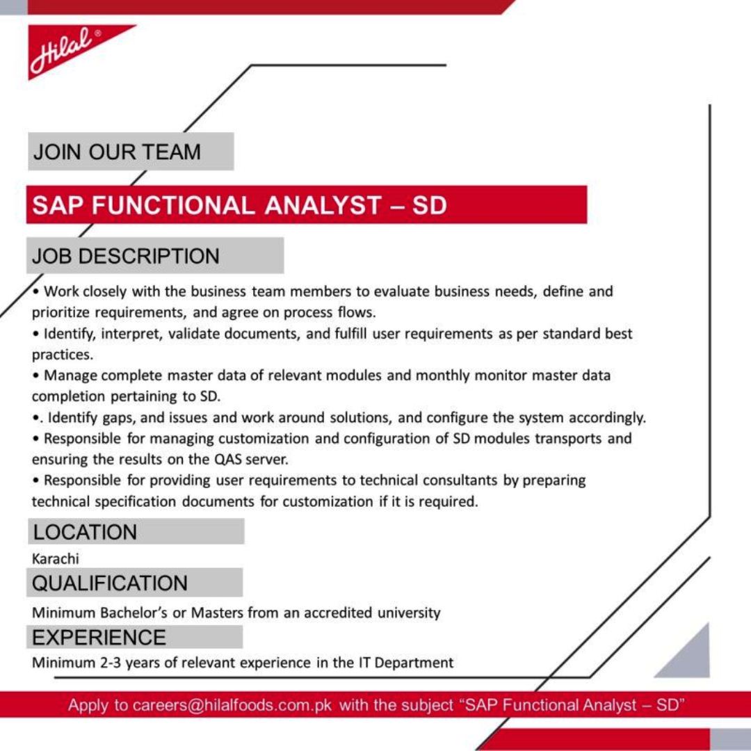 Join Hilal Foods as a SAP Functional Analyst - SD