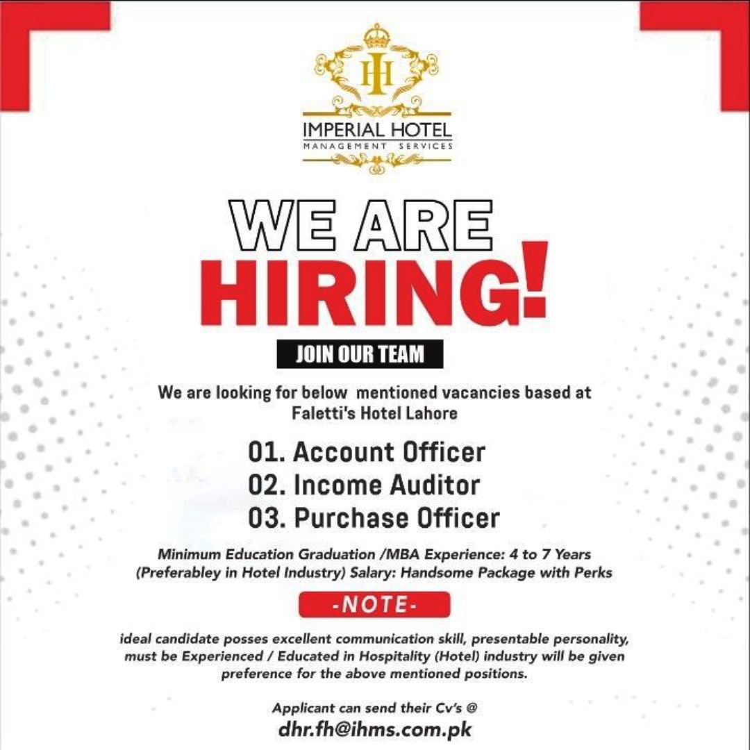  Opportunities at Faletti’s Hotel Lahore