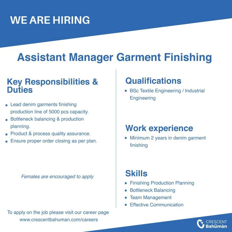 Join Our Team as Assistant Manager Garment Finishing