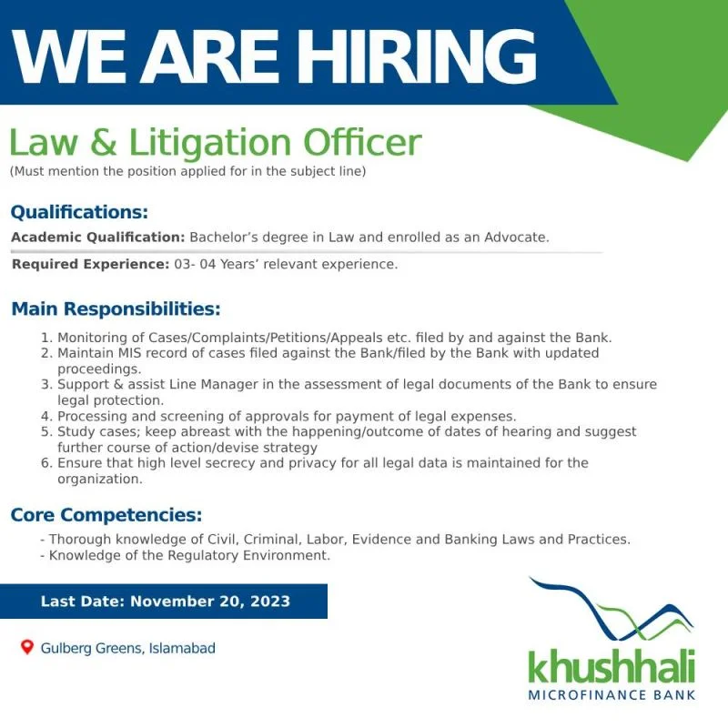 Law & Litigation Officer Khushhali Microfinance Bank