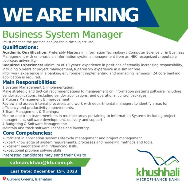  Business System Manager at Khushhali Microfinance Bank