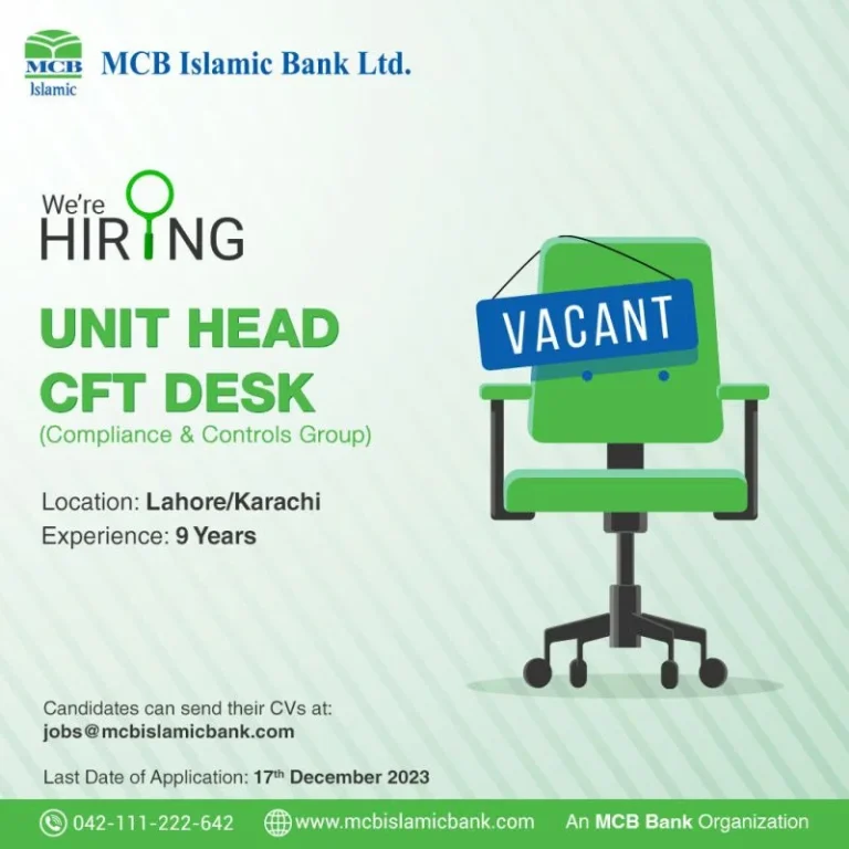 Unit Head – CFT Desk (Compliance & Controls Group) at MCB