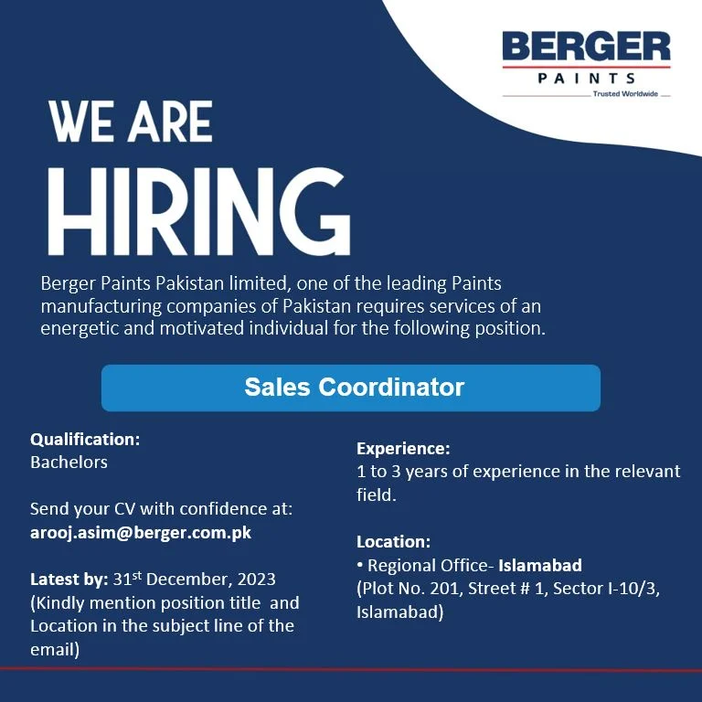Career Opportunity Sales Coordinator at Berger Paints Pakistan Limited