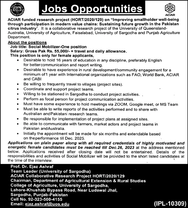 Opportunities in Agricultural Development: Social Mobilizer Position