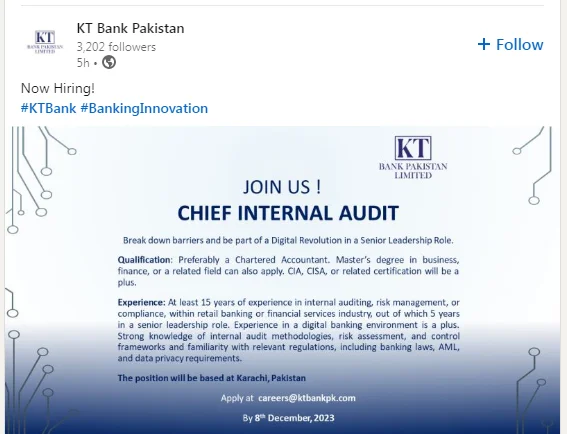 Join the Digital Revolution at KT Bank Pakistan as Chief Internal Audit
