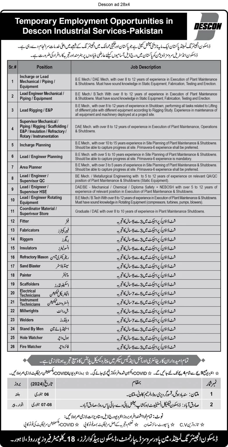 Opportunities for Temporary Employment at Descon Industrial Services-Pakistan