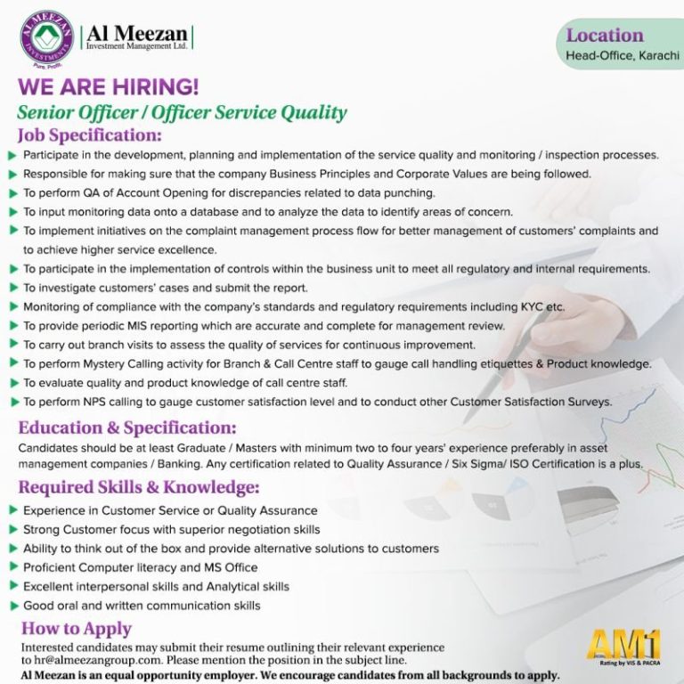 Career Opportunity: Senior Officer/Officer – Service Quality at Al Meezan